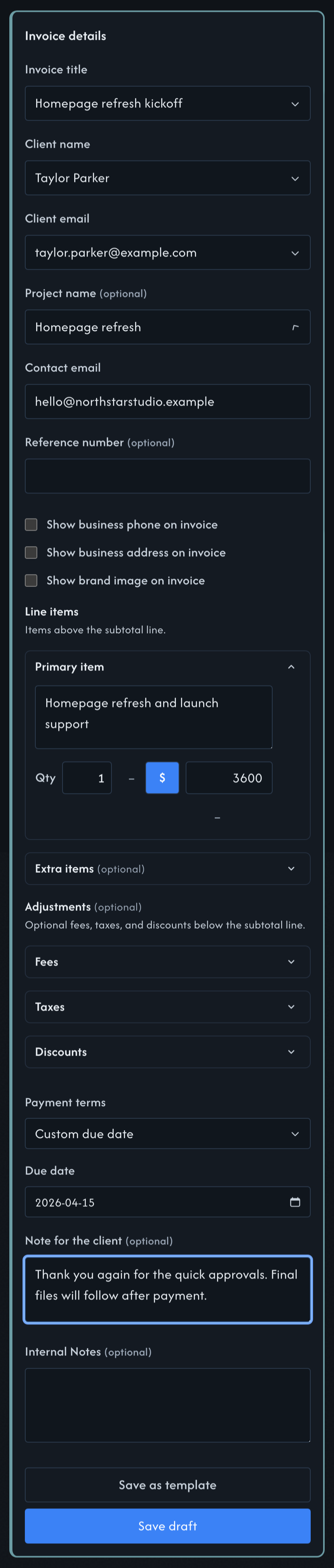 PaySegue invoice editor with customer details, line items, payment terms, and client note fields visible in dark mode.