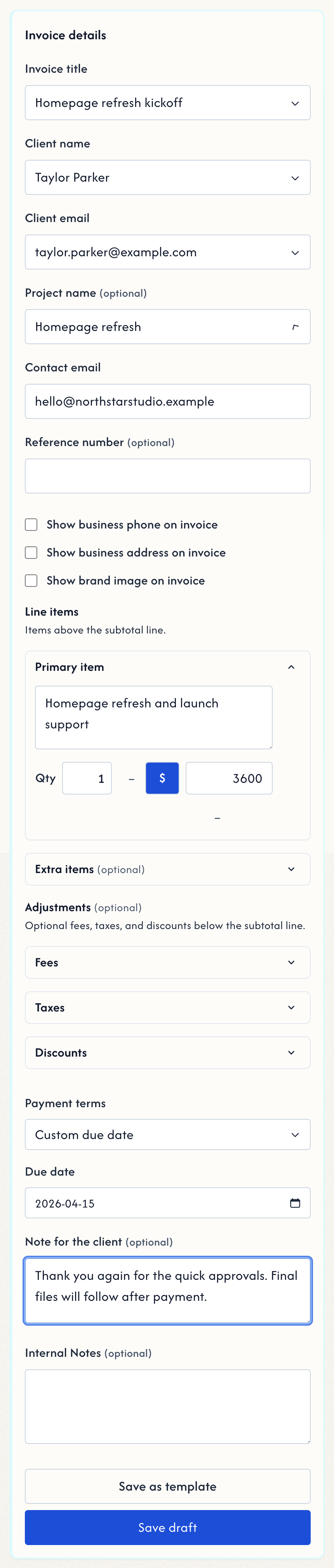 PaySegue invoice editor with customer details, line items, payment terms, and client note fields visible.