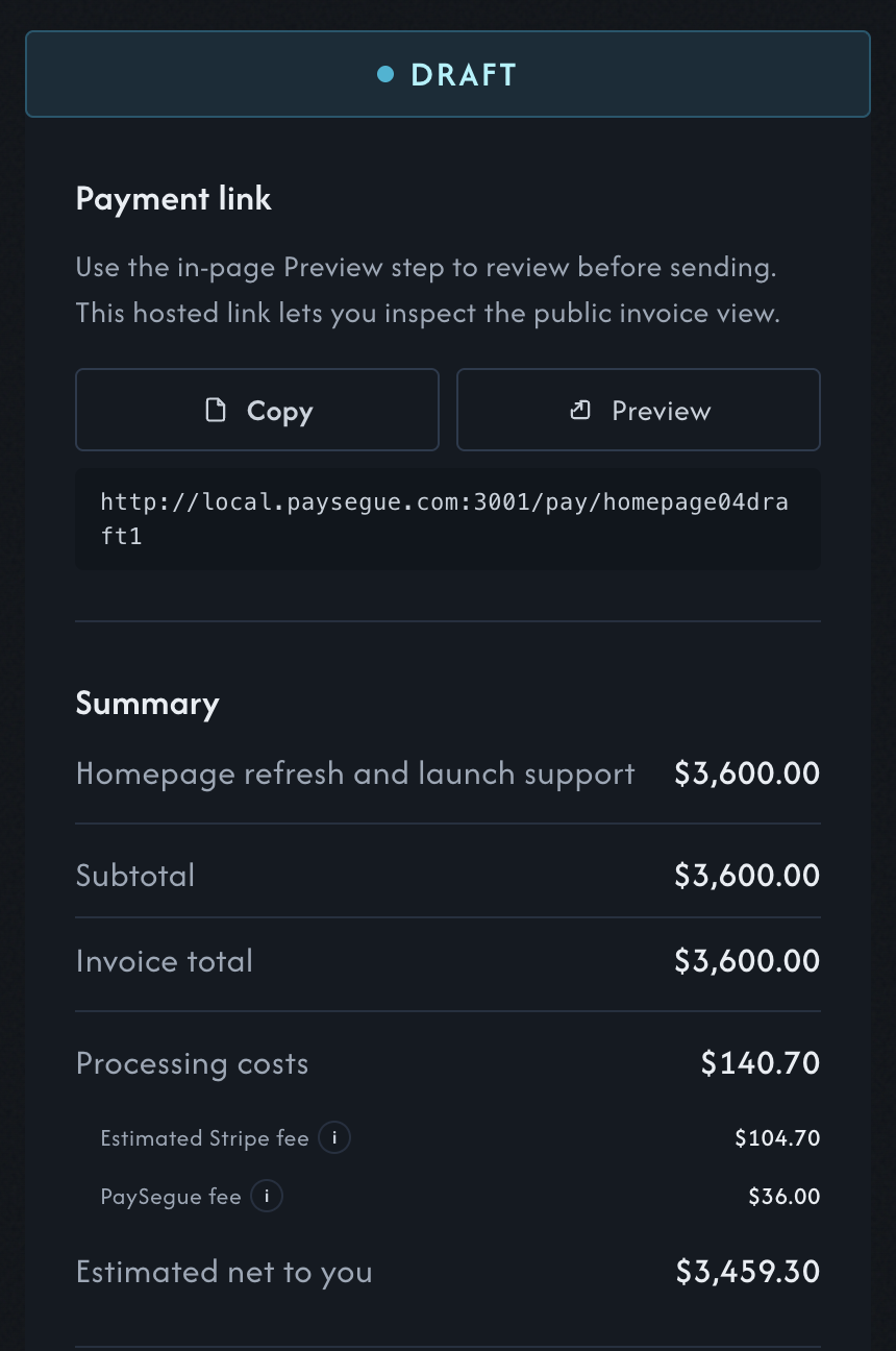 PaySegue invoice editor summary section.