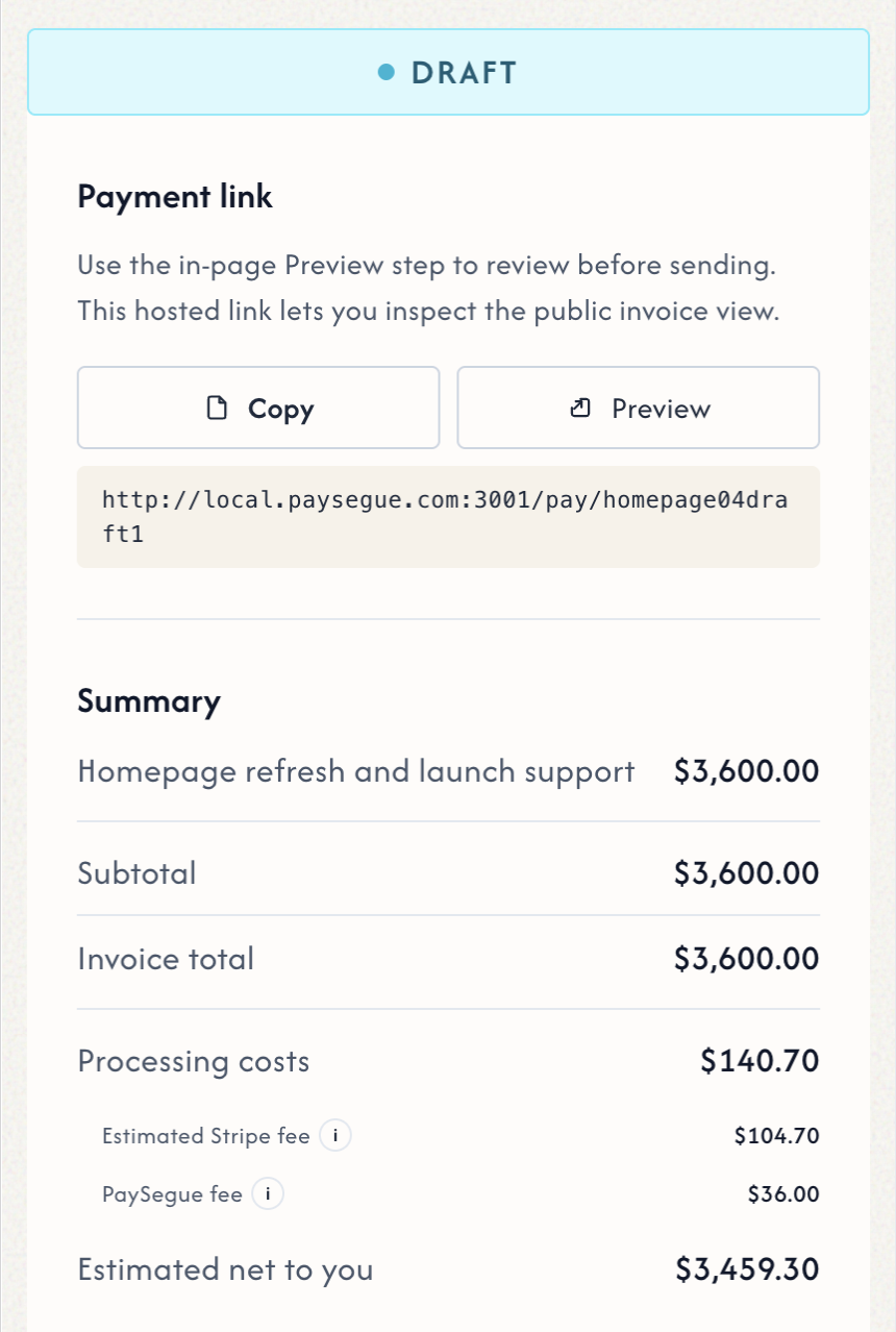 PaySegue invoice editor summary section.